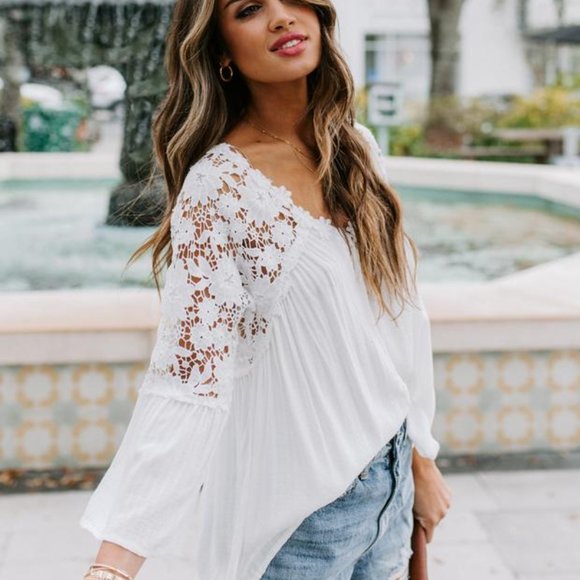 New Boho White Lace Button Front Blouse Top - Picture 2 of 11